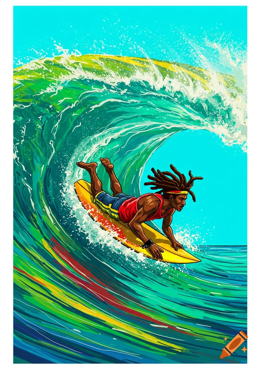 Illustration of a person with dreadlocks bodyboarding inside a colorful wave.