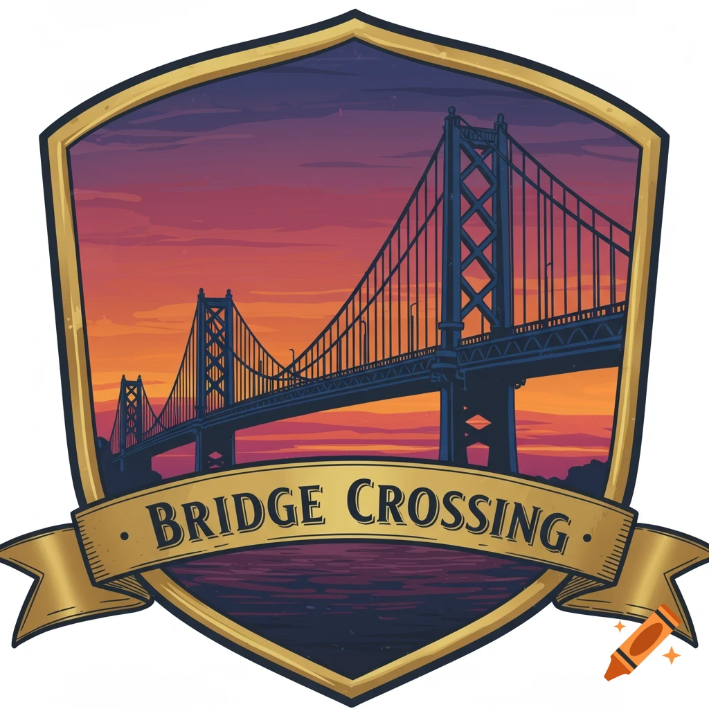 Badge with a bridge at sunset and 'BRIDGE CROSSING' banner.