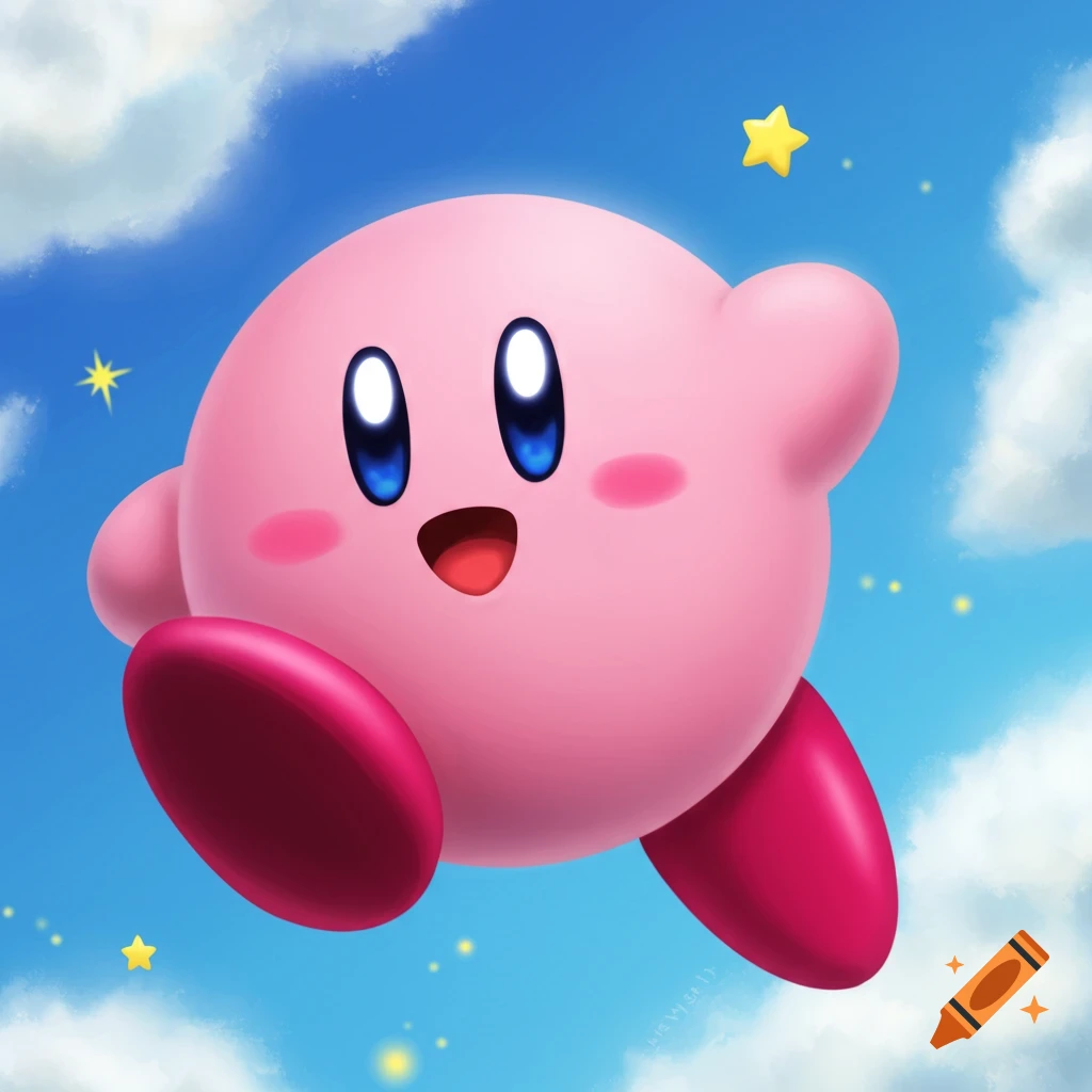 Kirby floats in a blue sky with clouds and stars.