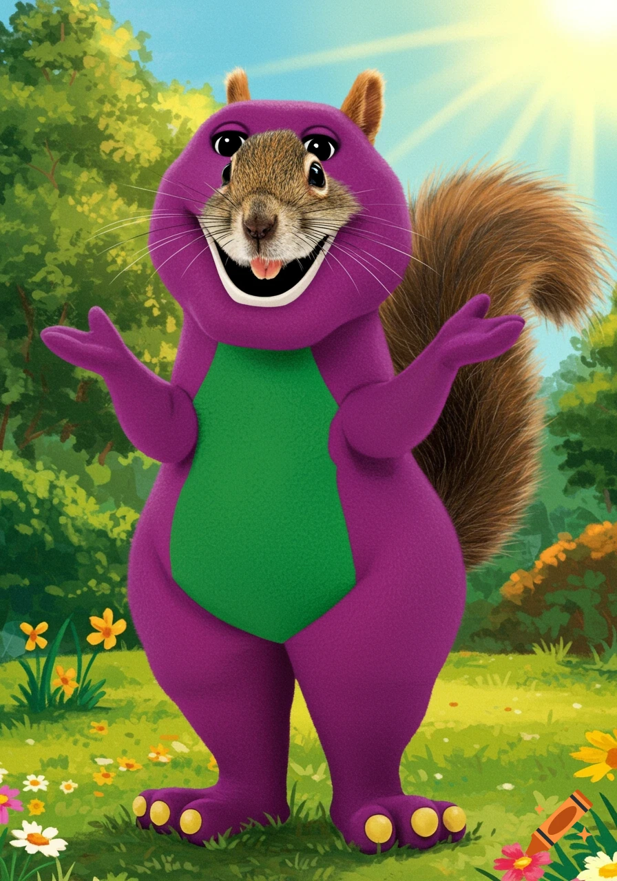 A purple dinosaur-like creature with a realistic squirrel head stands in a sunny field.