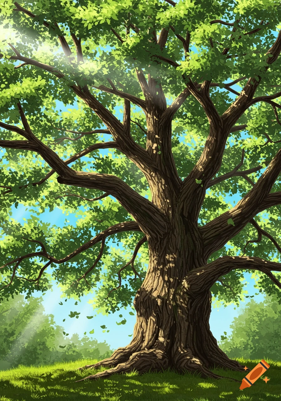 A large, old tree with sunlight shining through its green leaves.