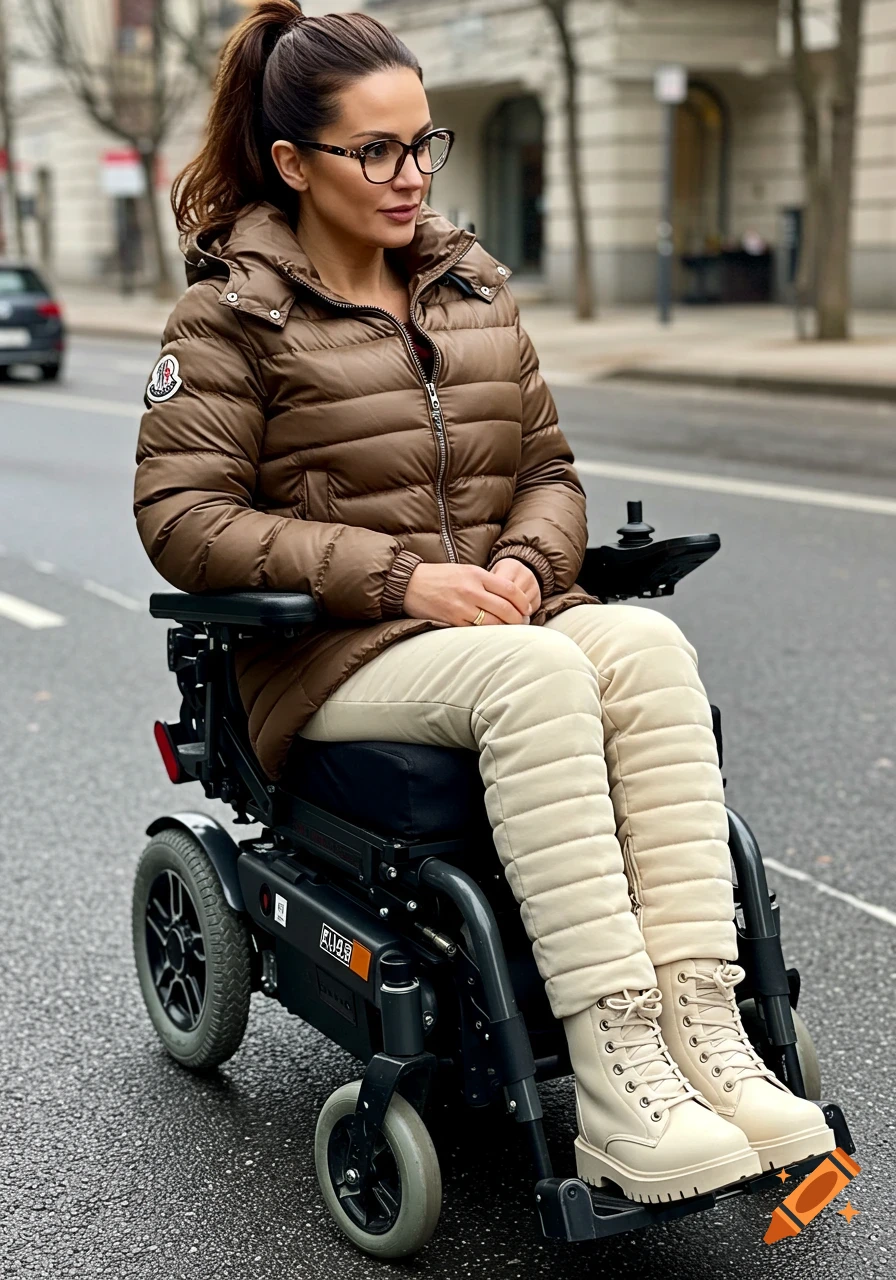 Woman in a brown puffer jacket and cream boots in an electric wheelchair on a city street.