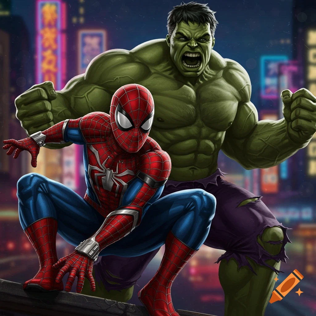 Spider-Man and Hulk pose in a city at night with neon lights.
