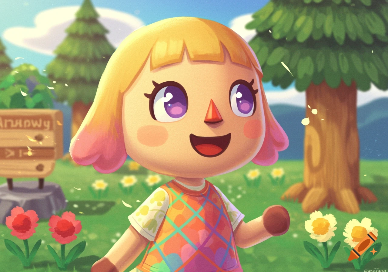 Cartoon character in Animal Crossing style smiling in a sunny village with flowers and trees.