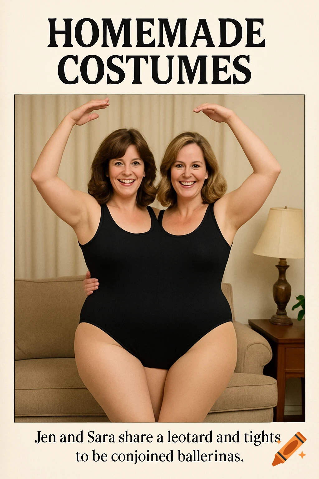 Two women in a homemade conjoined black leotard costume pose for a magazine article.