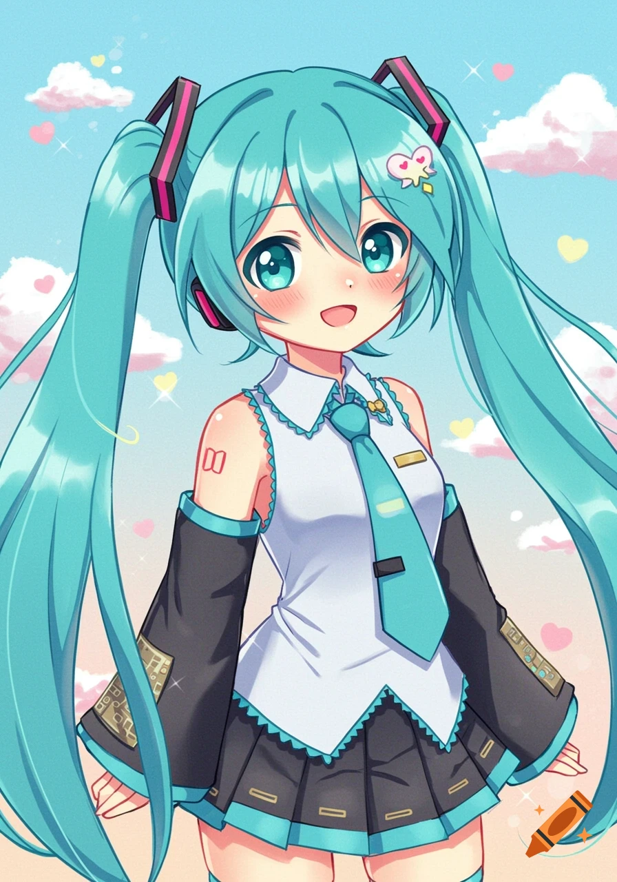 Cute anime drawing of Hatsune Miku in her signature outfit against a sky background.