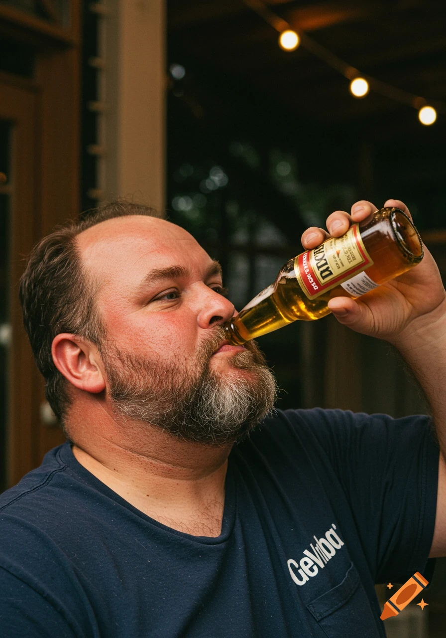 Photographic close-up of a man drinking beer from a bottle