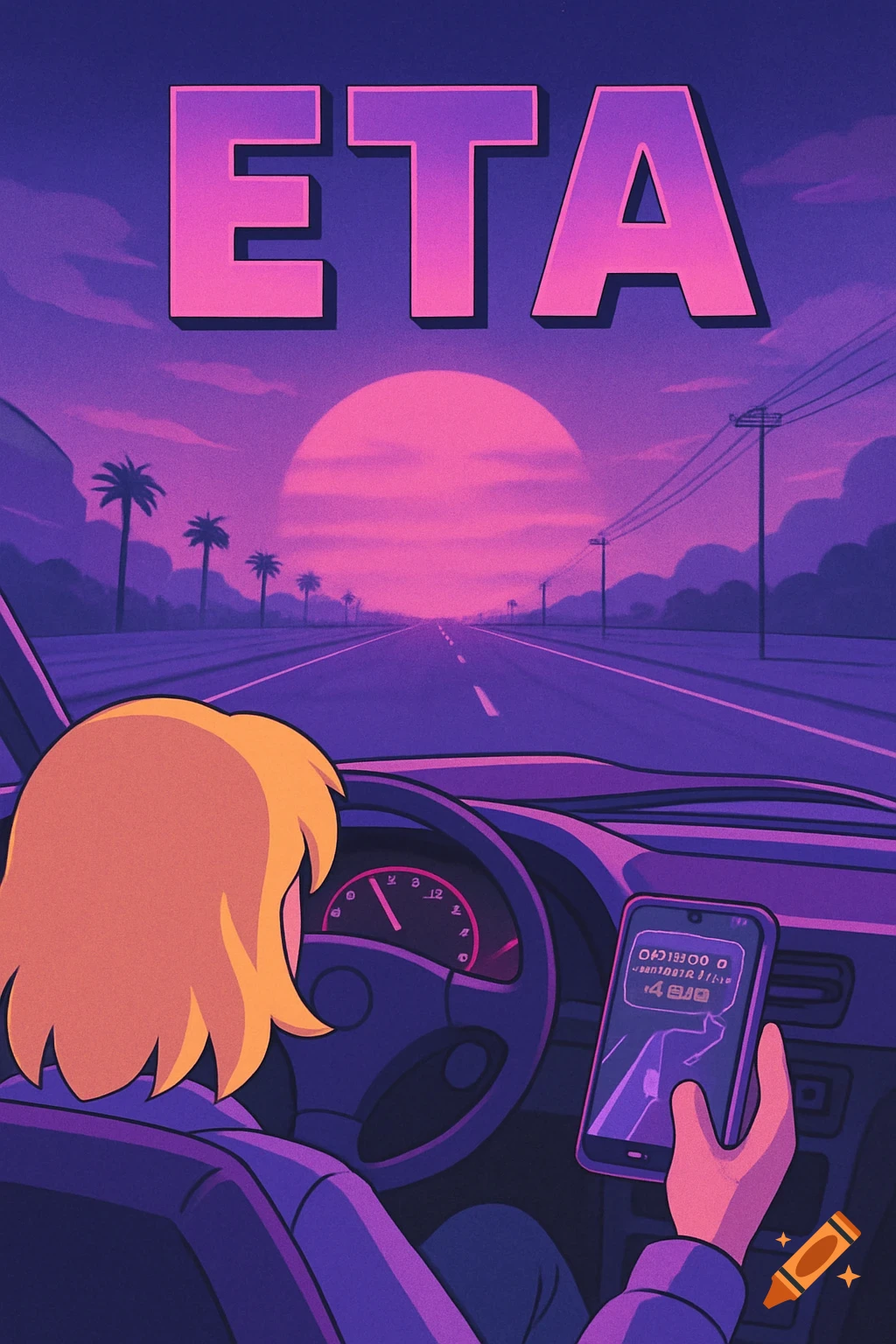 Blonde character drives purple car into sunset on open road, synthwave anime style, text "ETA"