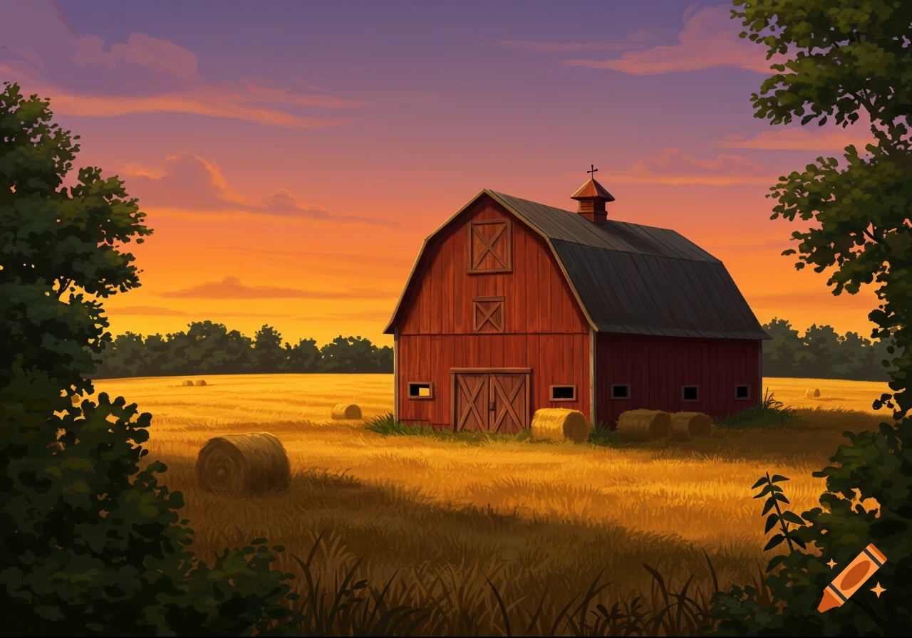 A red barn stands in a golden field with hay bales under an orange and purple sunset sky in an illustration style.