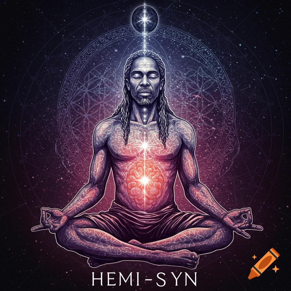 Man meditating in lotus pose with glowing energy and sacred geometry against a starfield.