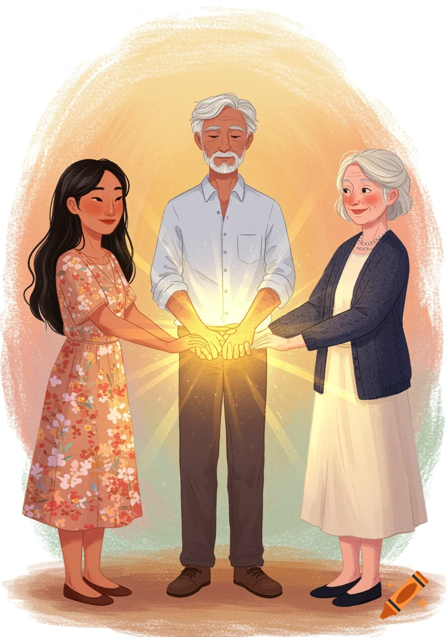 Illustration of three people holding hands with glowing light.