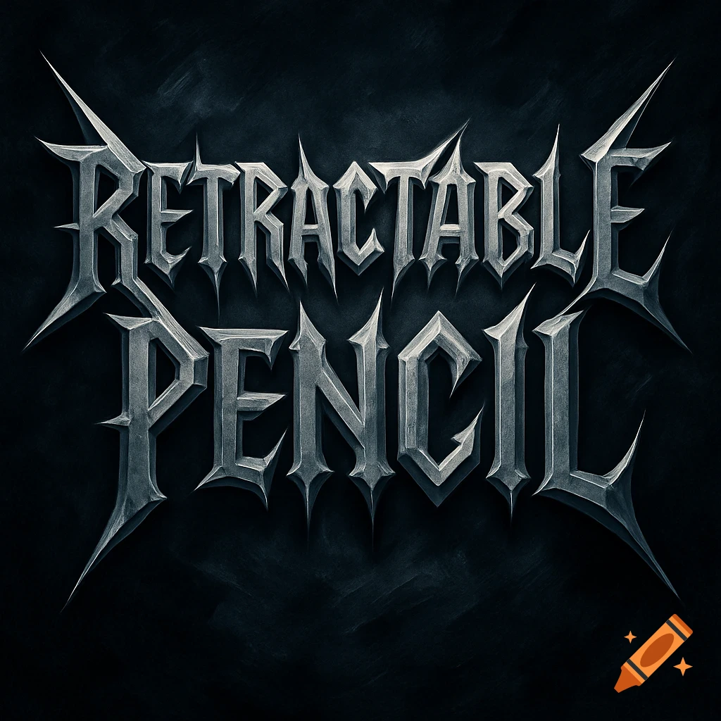 The words "RETRACTABLE PENCIL" rendered in a metallic, spiky heavy metal font style on a dark background.