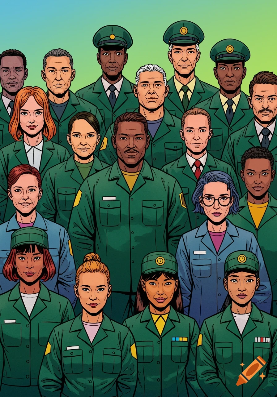 Illustration of a diverse group of men and women in green uniforms.