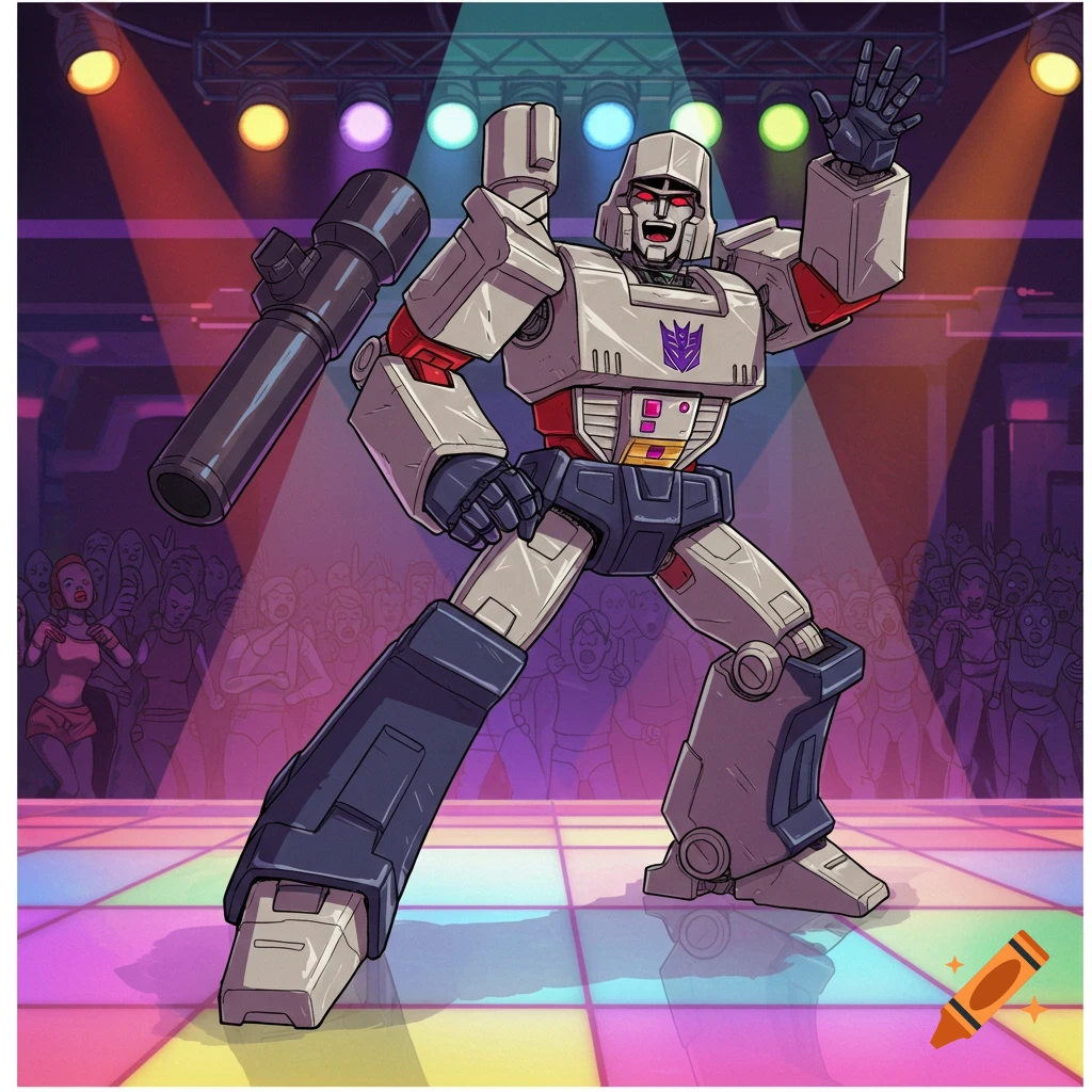 Cartoon Megatron dancing on a light-up disco floor with a crowd.