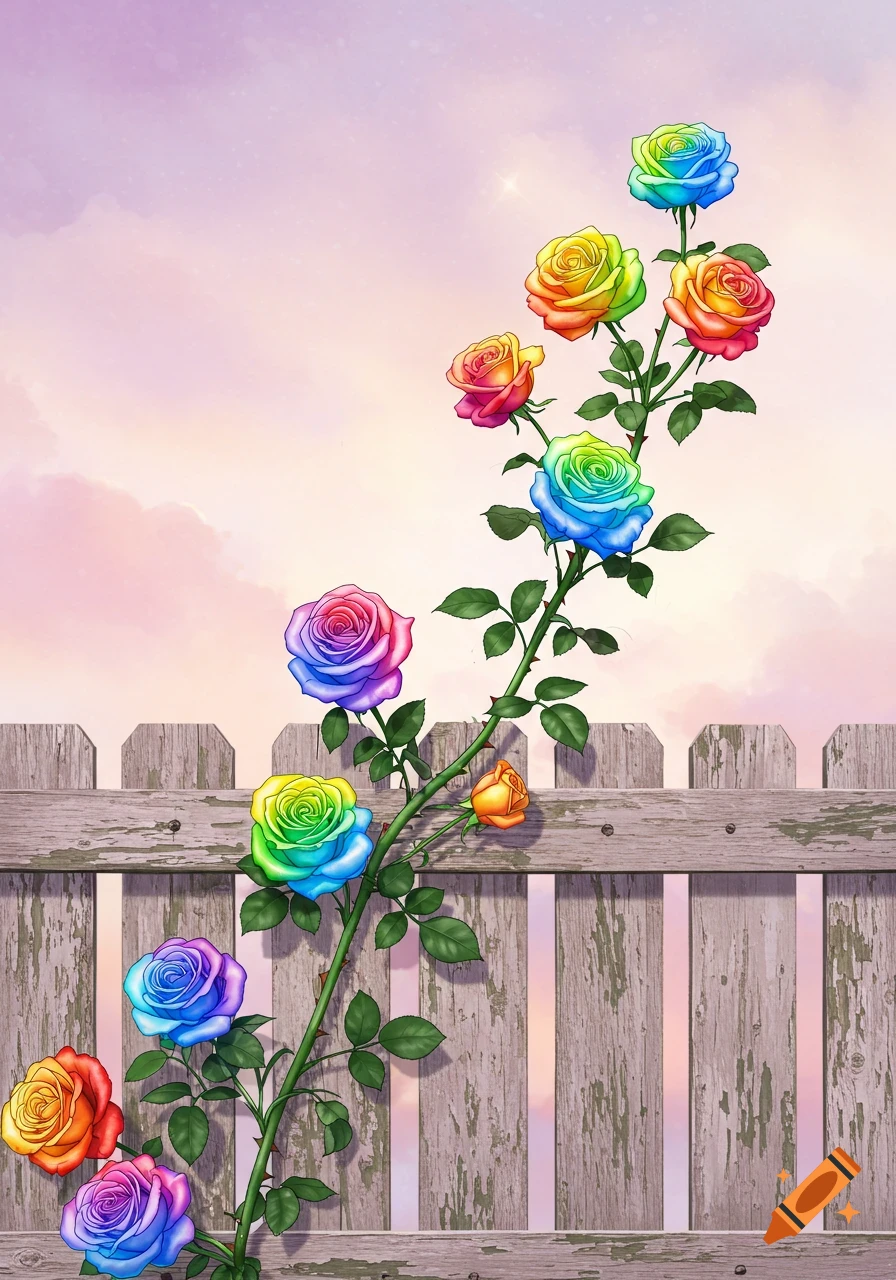 Rainbow roses climbing a wooden fence under a pastel sky.