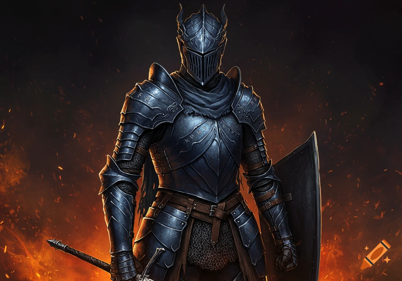 A knight in dark, ornate armor stands against a fiery background ...