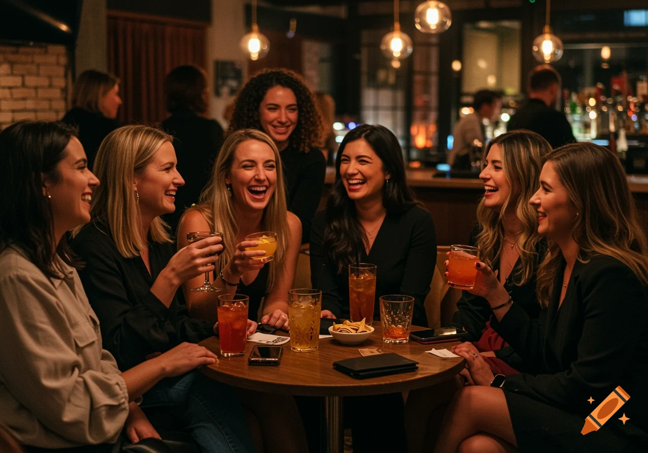 Group of women laughing around a table with drinks in a bar.