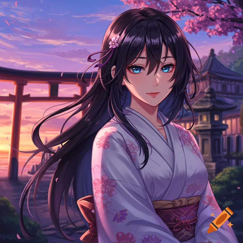 Anime woman in a kimono in a Japanese garden at sunset.