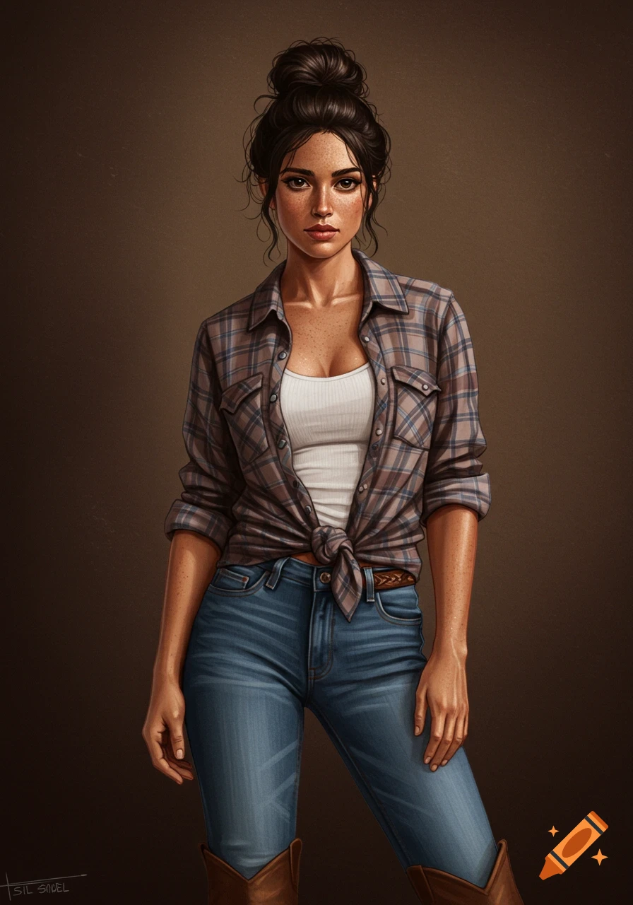 Portrait of a woman in a plaid shirt, tank top, and jeans, with dark hair in a bun and freckles.