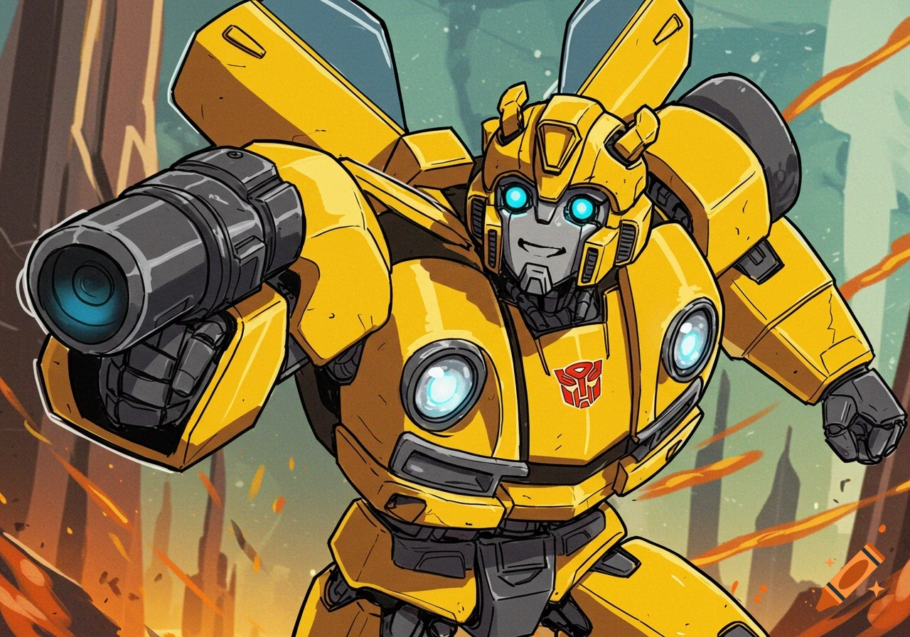 Yellow Transformer robot Bumblebee aims a weapon in a cartoon style.