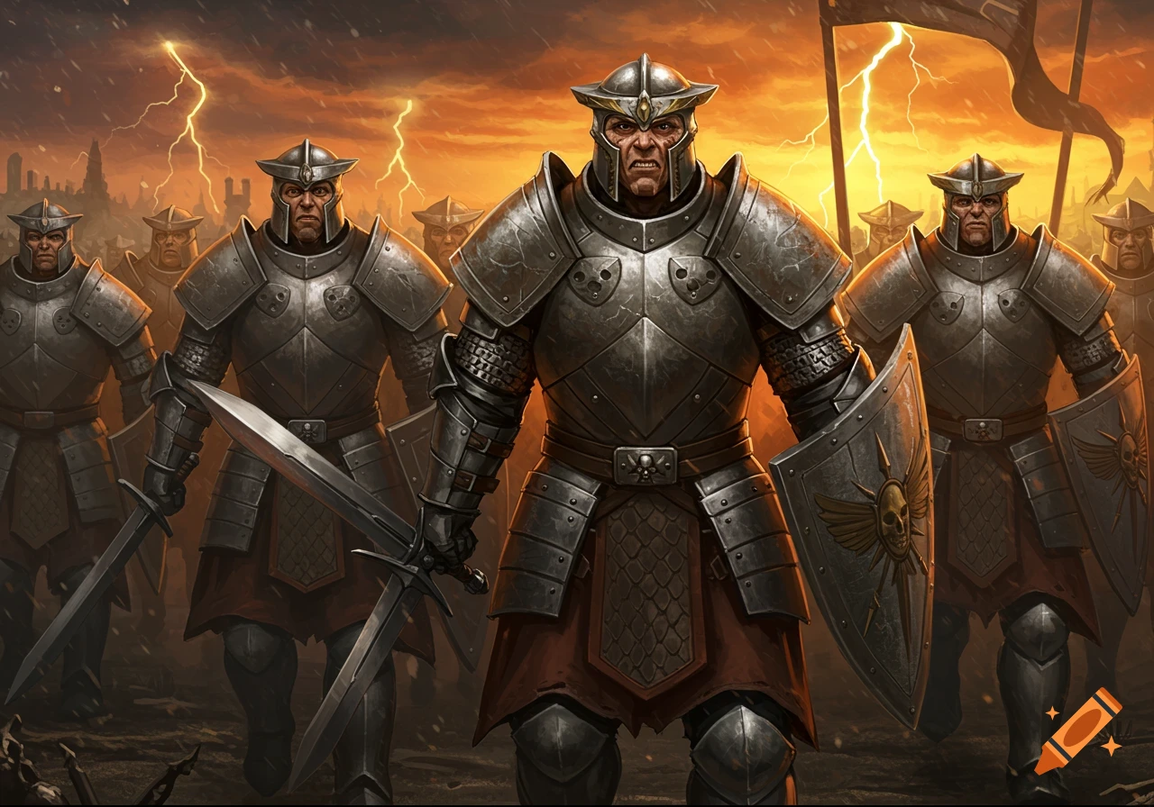 A line of heavily armored fantasy soldiers with swords and shields stand under a stormy sky with lightning.