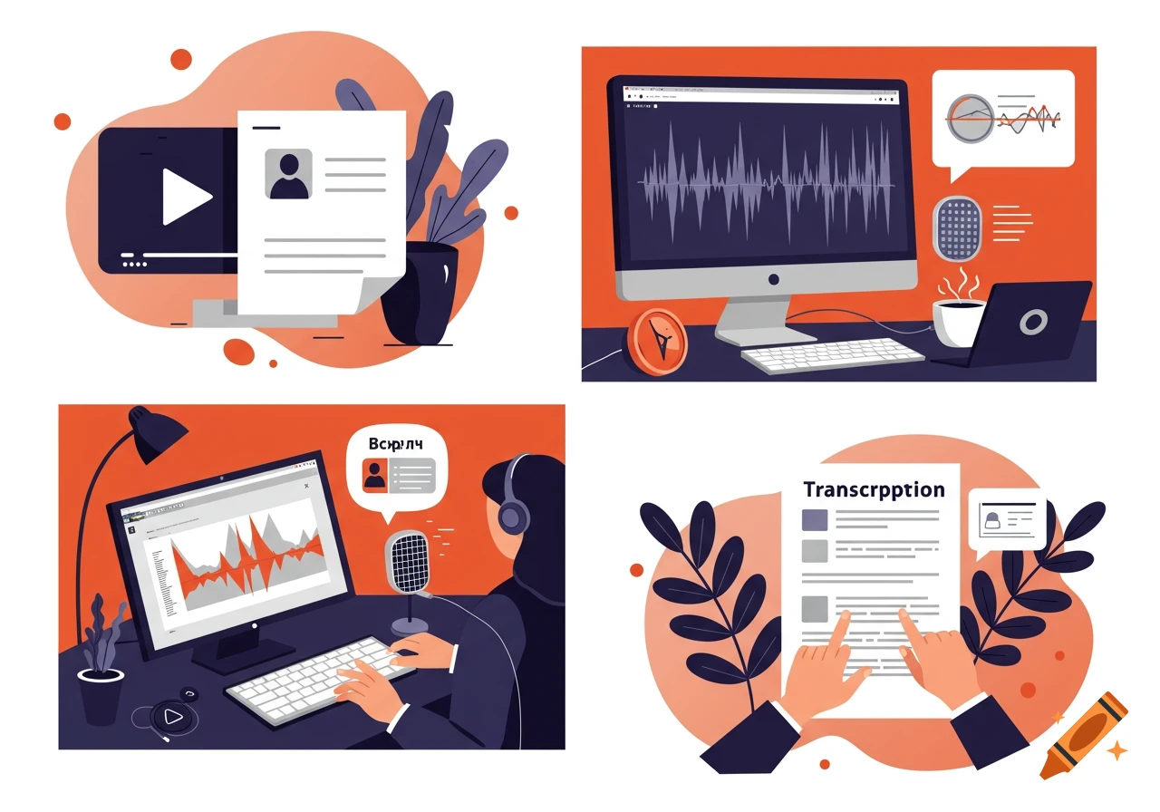 Four illustrations depicting transcription tasks: a video player and document, a computer screen with audio waveform, a person typing with headphones and microphone, and hands pointing at a transcript document.