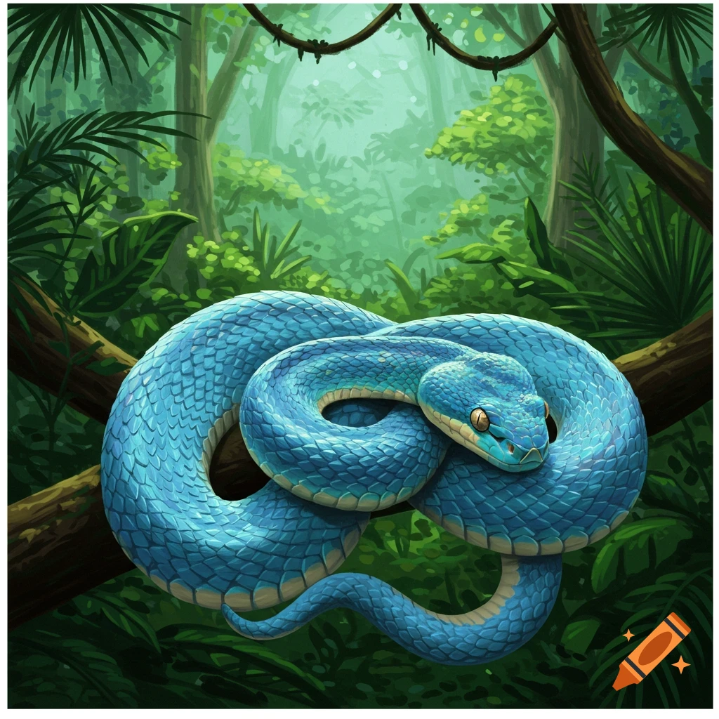 A bright blue snake coils around a branch in a lush green jungle.