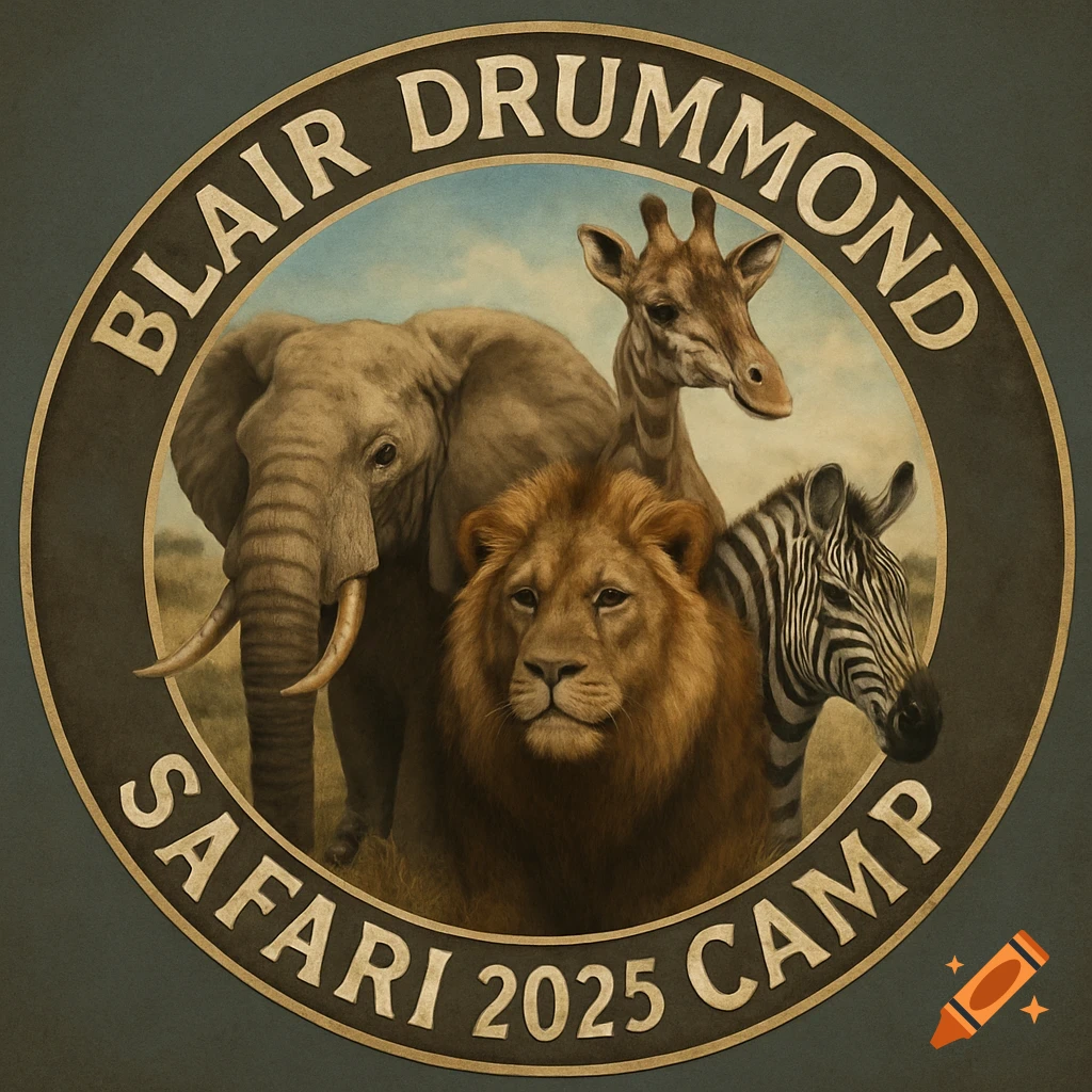 A circular badge illustration featuring an elephant, lion, giraffe, and zebra, with text around the edge.