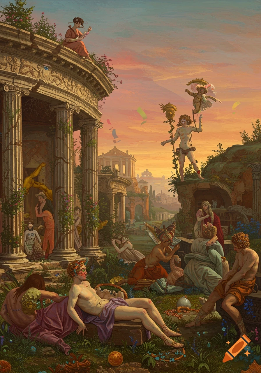 Surreal scene of figures in ancient ruins at sunset.