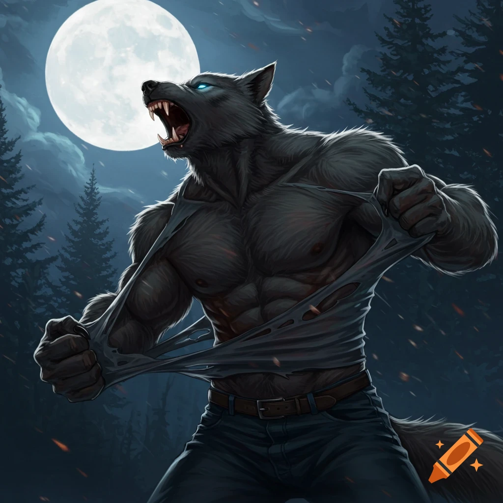A muscular werewolf howls at the full moon while tearing its shirt in a forest at night.