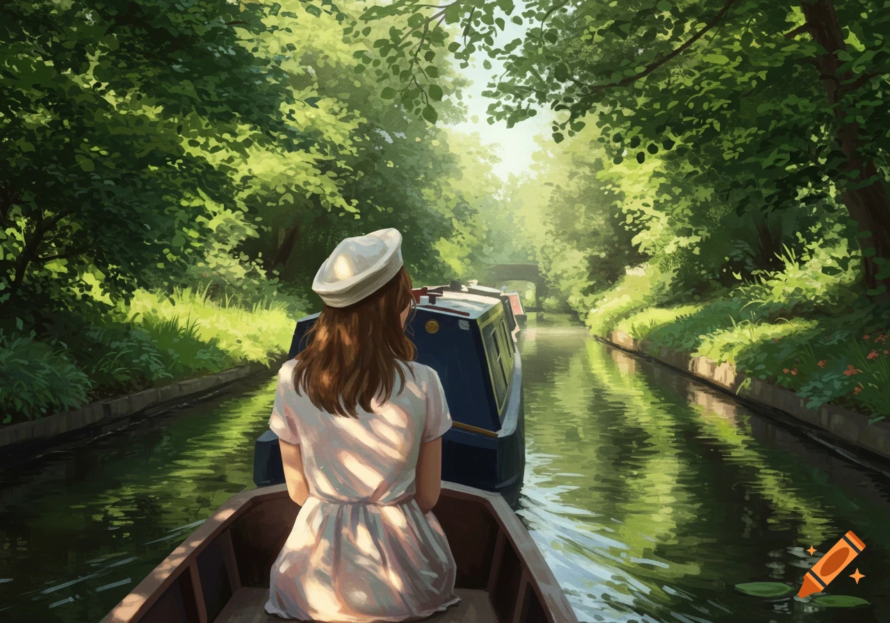 Person in a hat sitting in a boat on a tree-lined river in a painterly style.