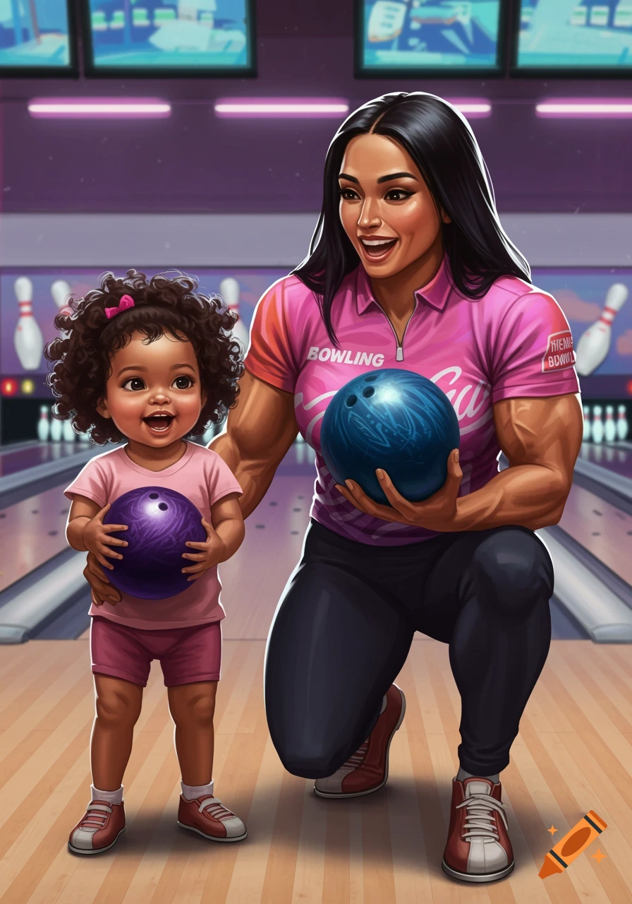 Stylized illustration of a muscular woman helping a young child bowl in a bowling alley.