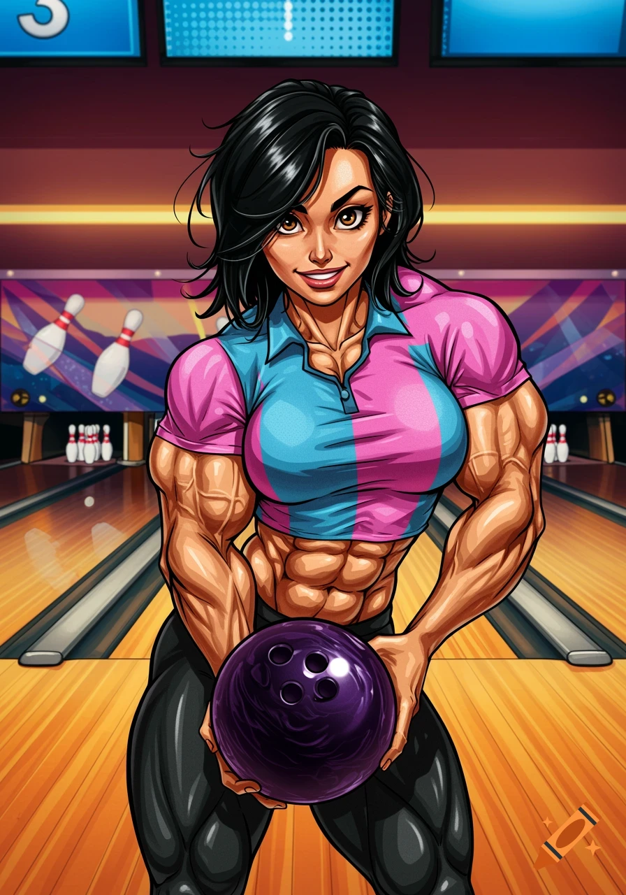 Muscular woman in a bowling alley holds a bowling ball in a comic style.