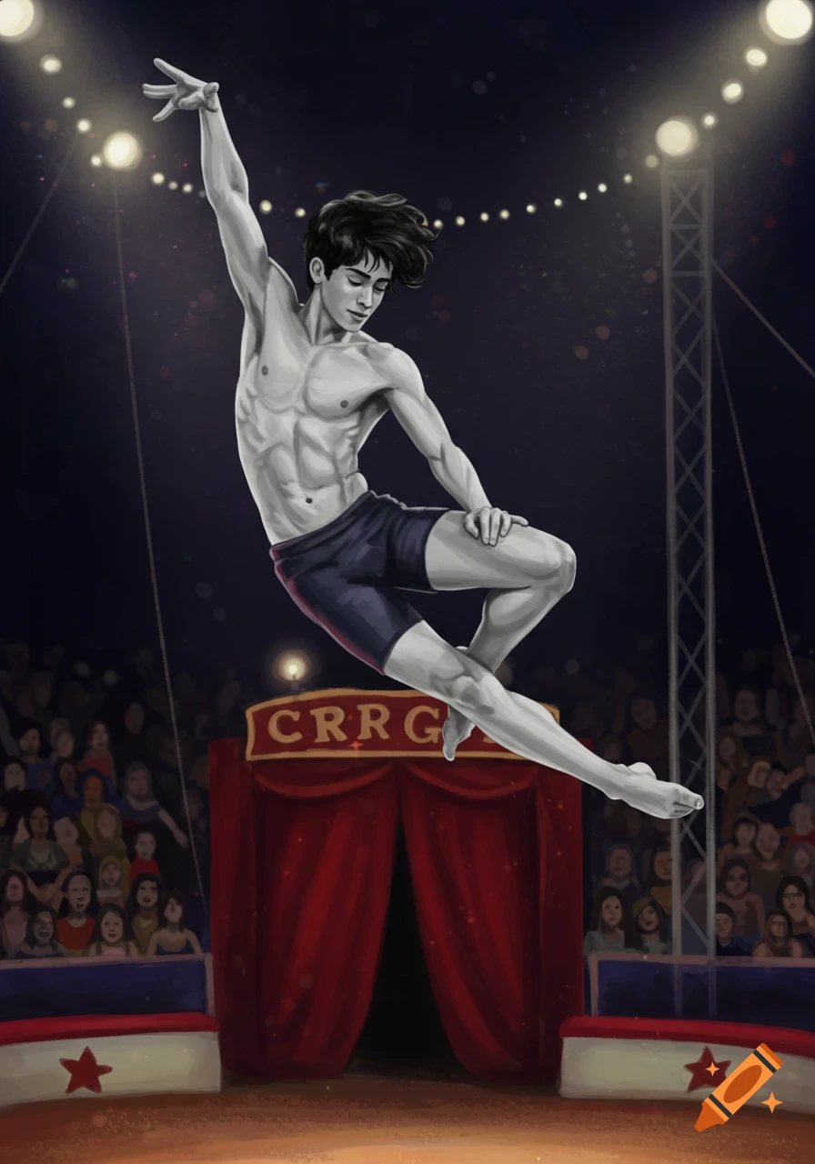 A teenage male acrobat leaps in a circus ring under spotlights, a crowd watches in the background. Digital painting.