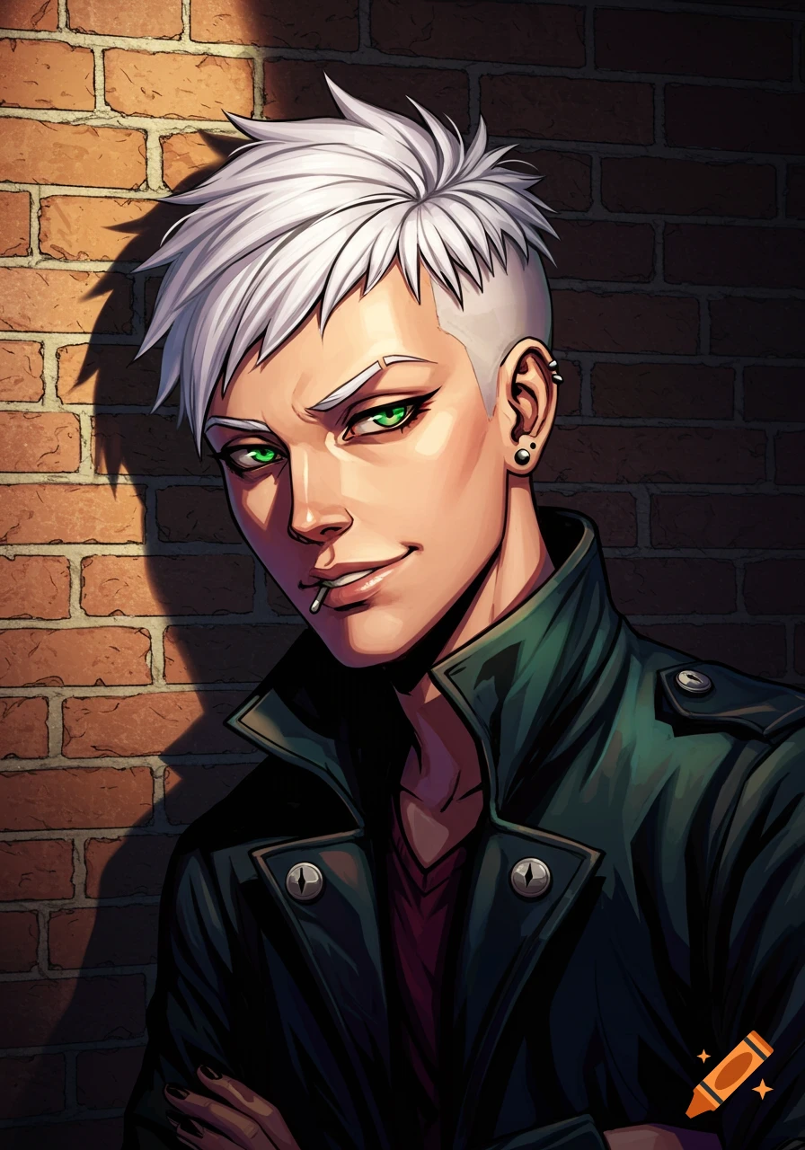 Anime-style portrait of a white-haired person with green eyes smirking, leaning against a brick wall.