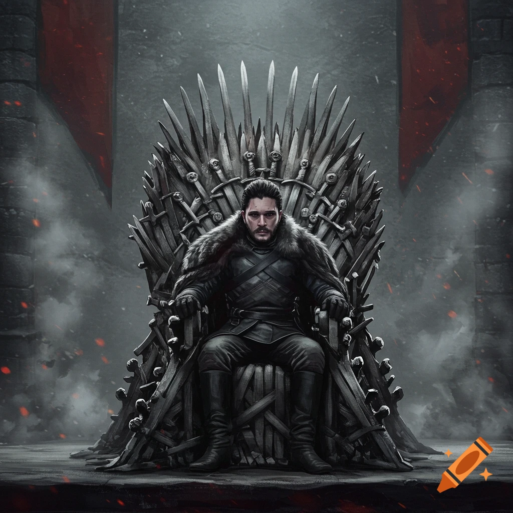 A man sits on a throne made of swords.