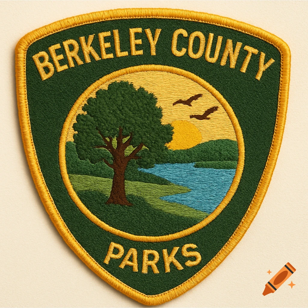 Embroidered patch for Berkeley County Parks with text, tree, lake, sun, and birds.