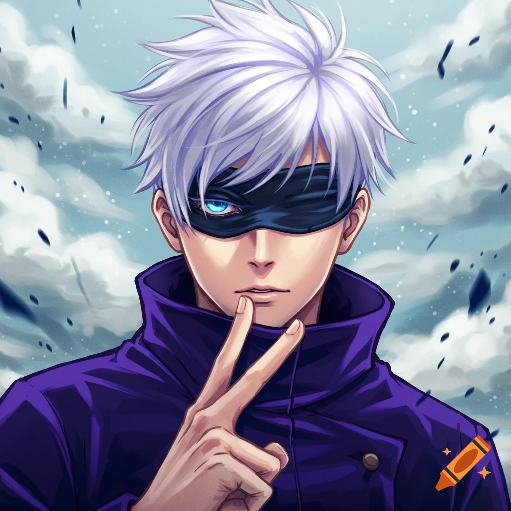 Anime portrait of Gojo Satoru with white hair and a blindfold, holding up two fingers.