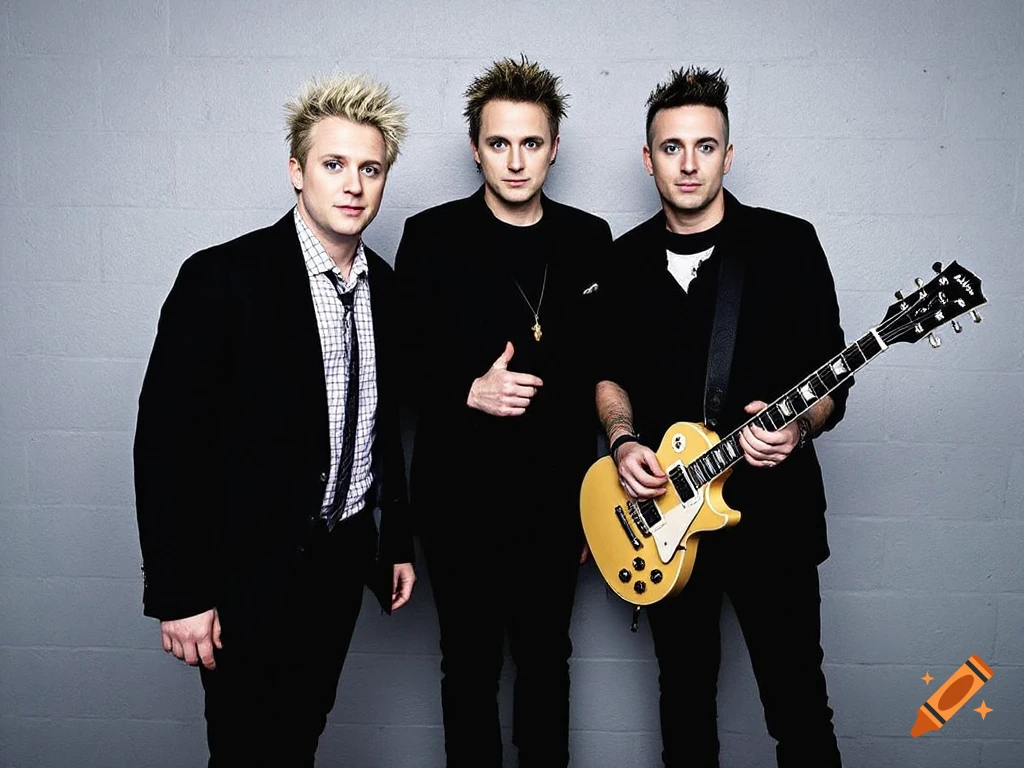 Three men in suits, one with a guitar, posing against a gray wall.