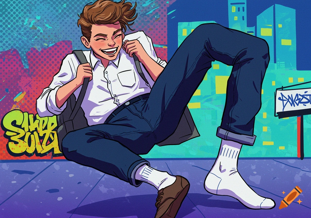 Comic art of a laughing young man with a backpack, white shirt, jeans, and white socks sitting against a graffiti background.