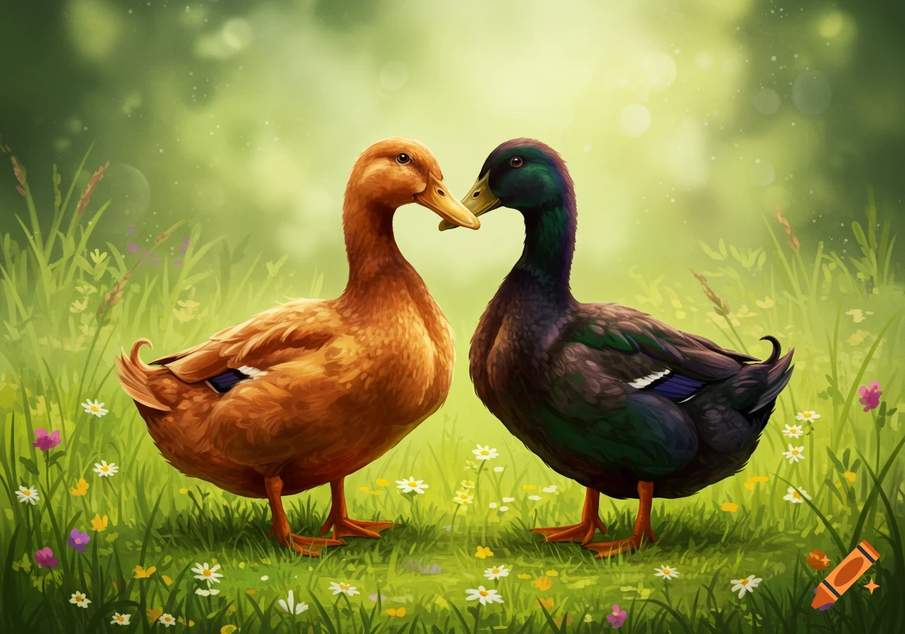 Two ducks facing each other in a grassy field with flowers, in a painterly style.