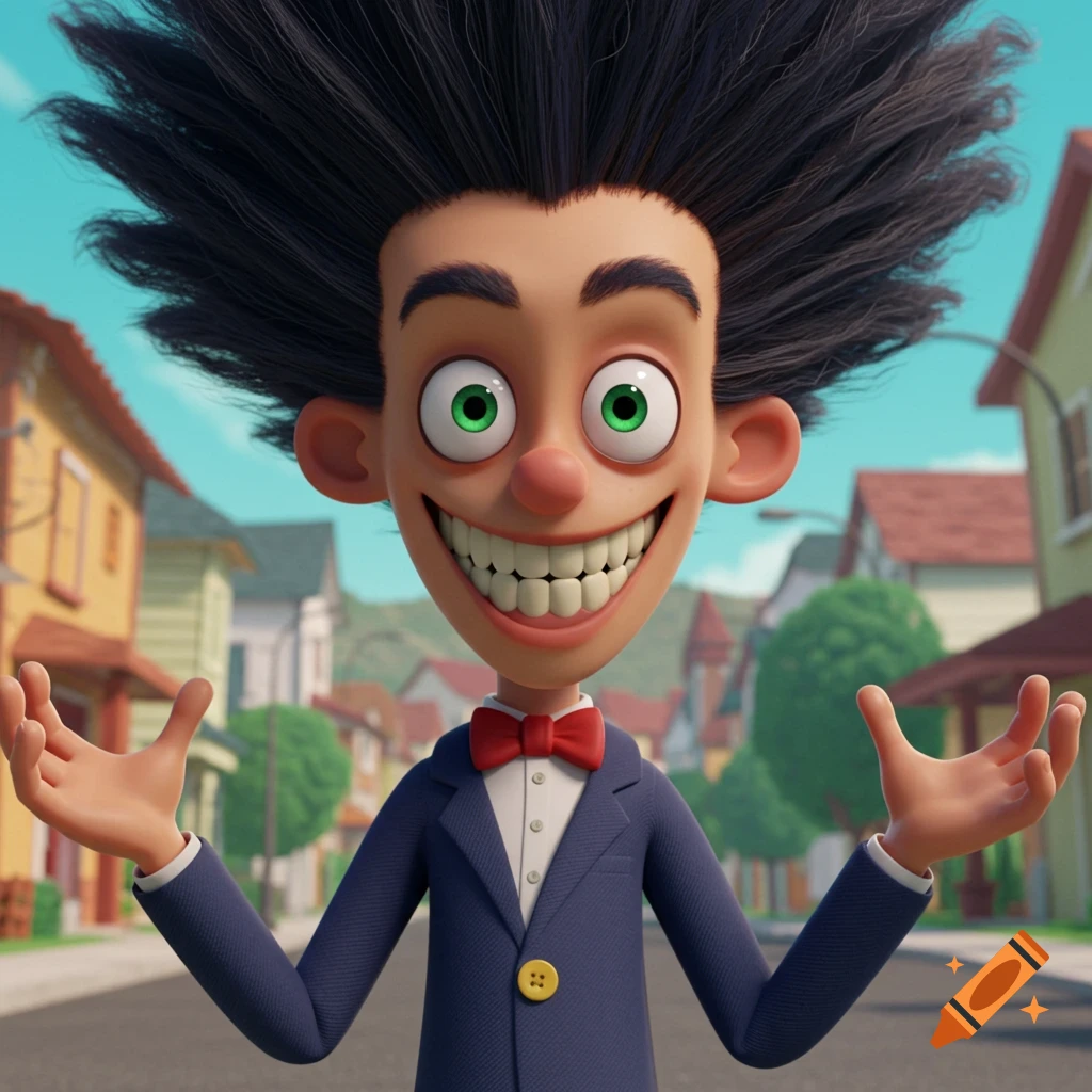 Animated boy with wild hair, big green eyes, smiling, in a suit and bow tie, standing in a suburban street.