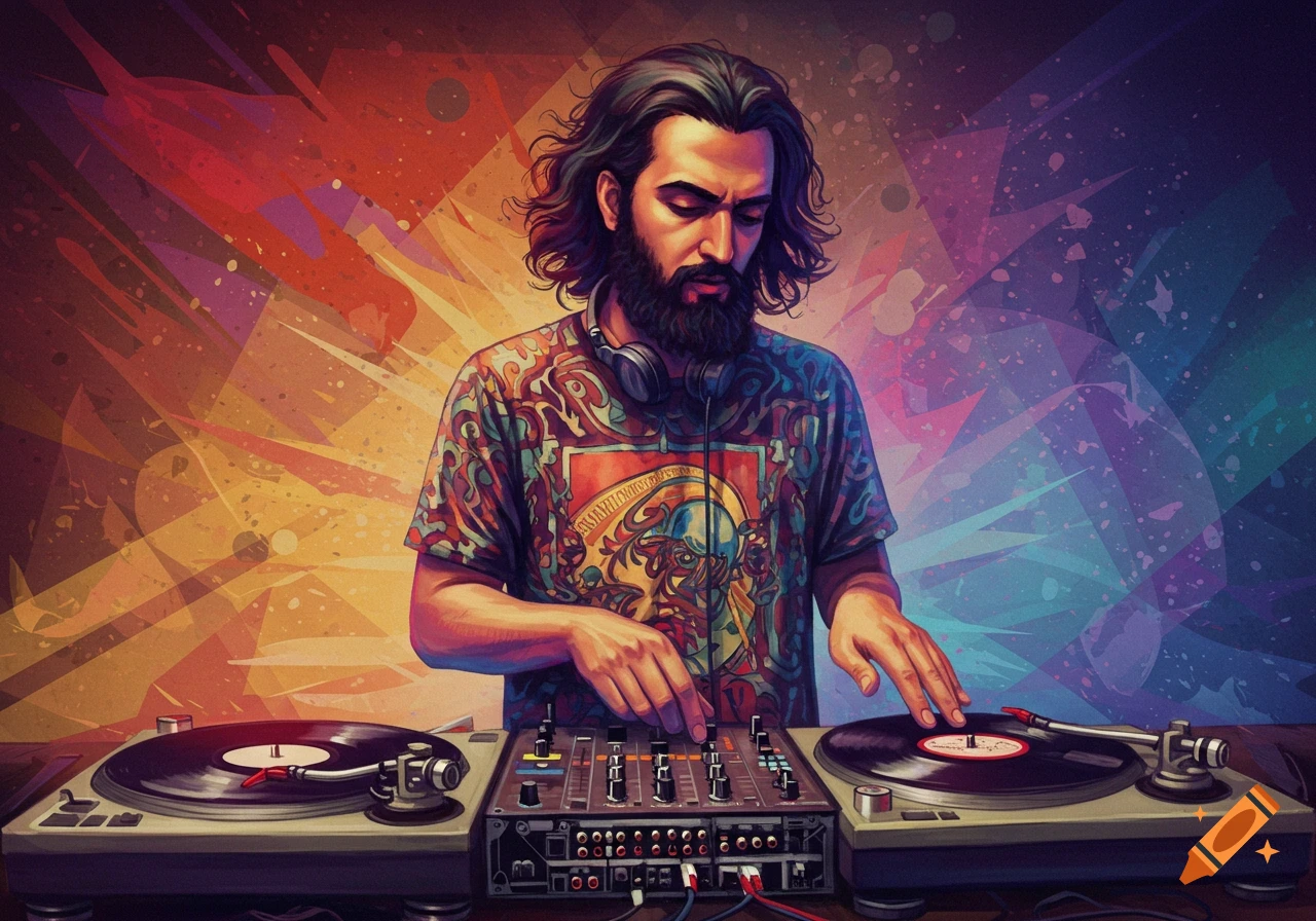 Bearded DJ plays on turntables with a colorful geometric background.