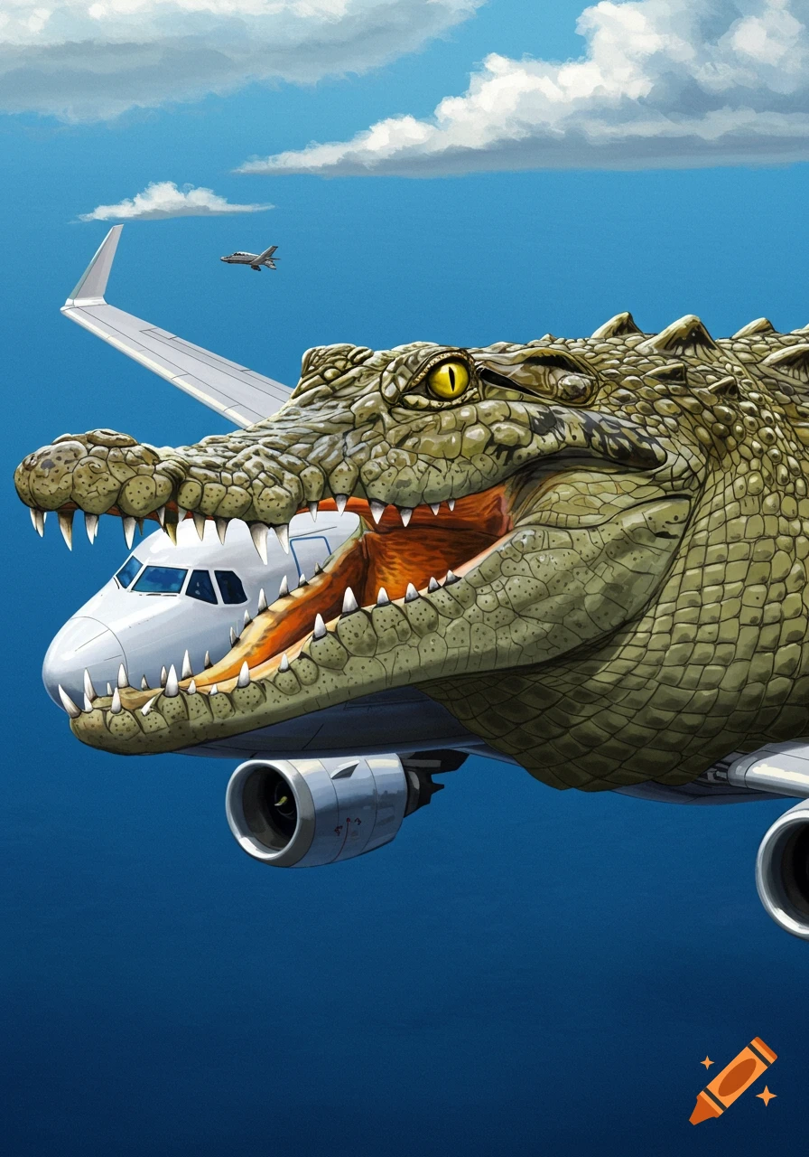 Illustration of a giant crocodile head coming out of the front of a flying airplane.