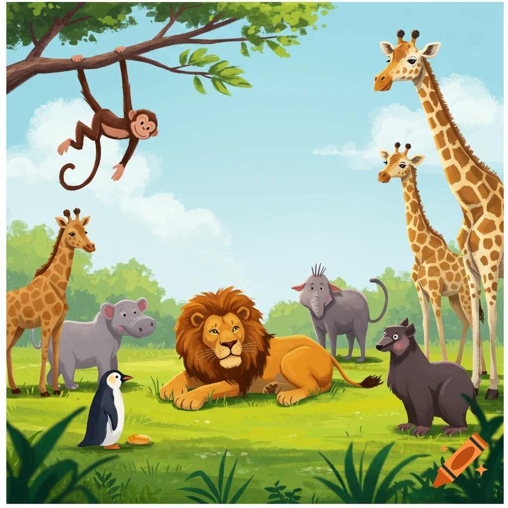 Cartoon illustration of zoo animals including a monkey, lion, giraffes, hippo, elephant, penguin, and a bear.