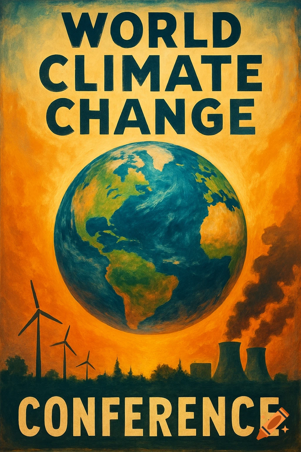 Poster for a world climate change conference featuring Earth, wind turbines, and smoking factories.