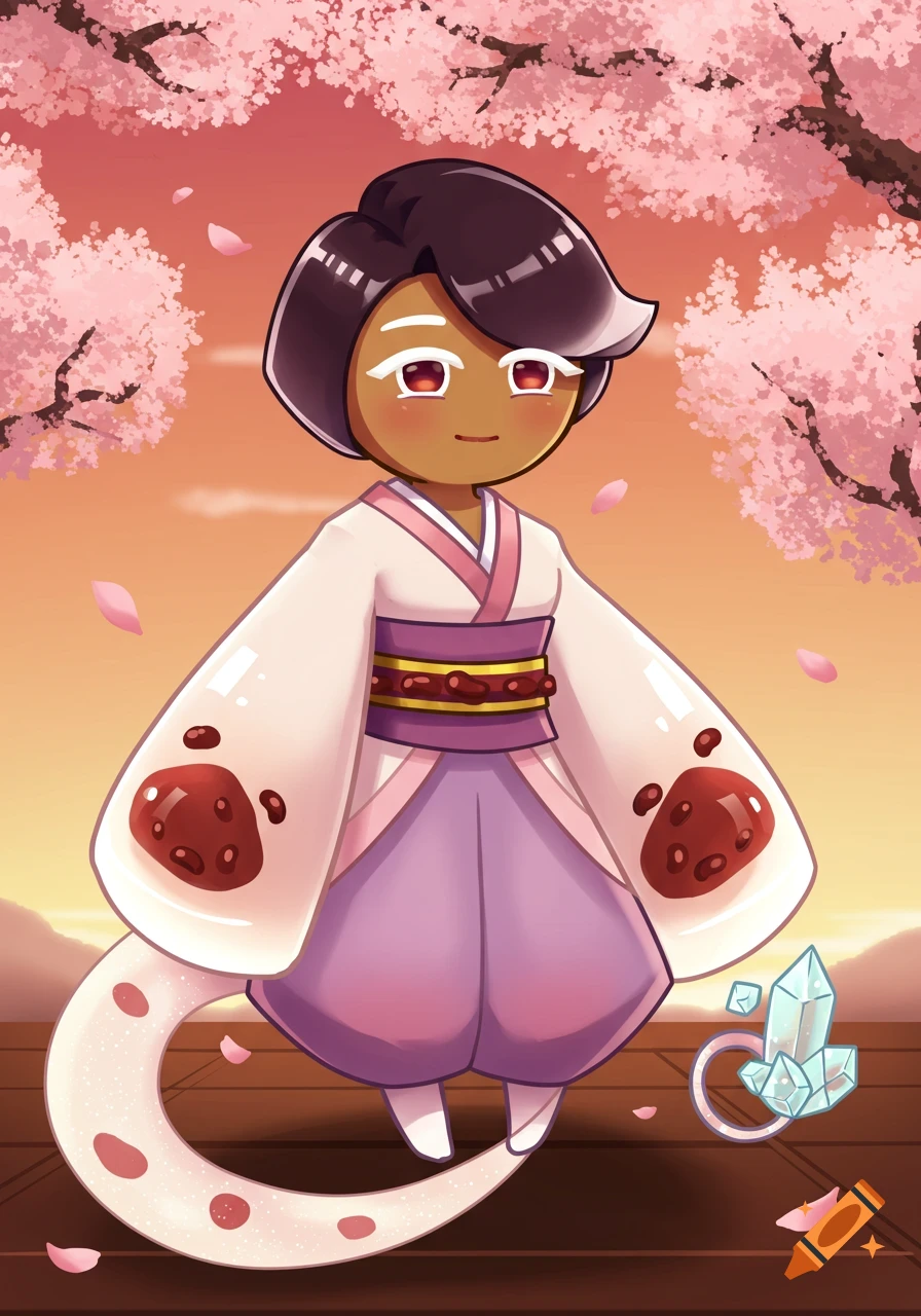 A cartoon character in a kimono stands under cherry blossom trees at sunset.