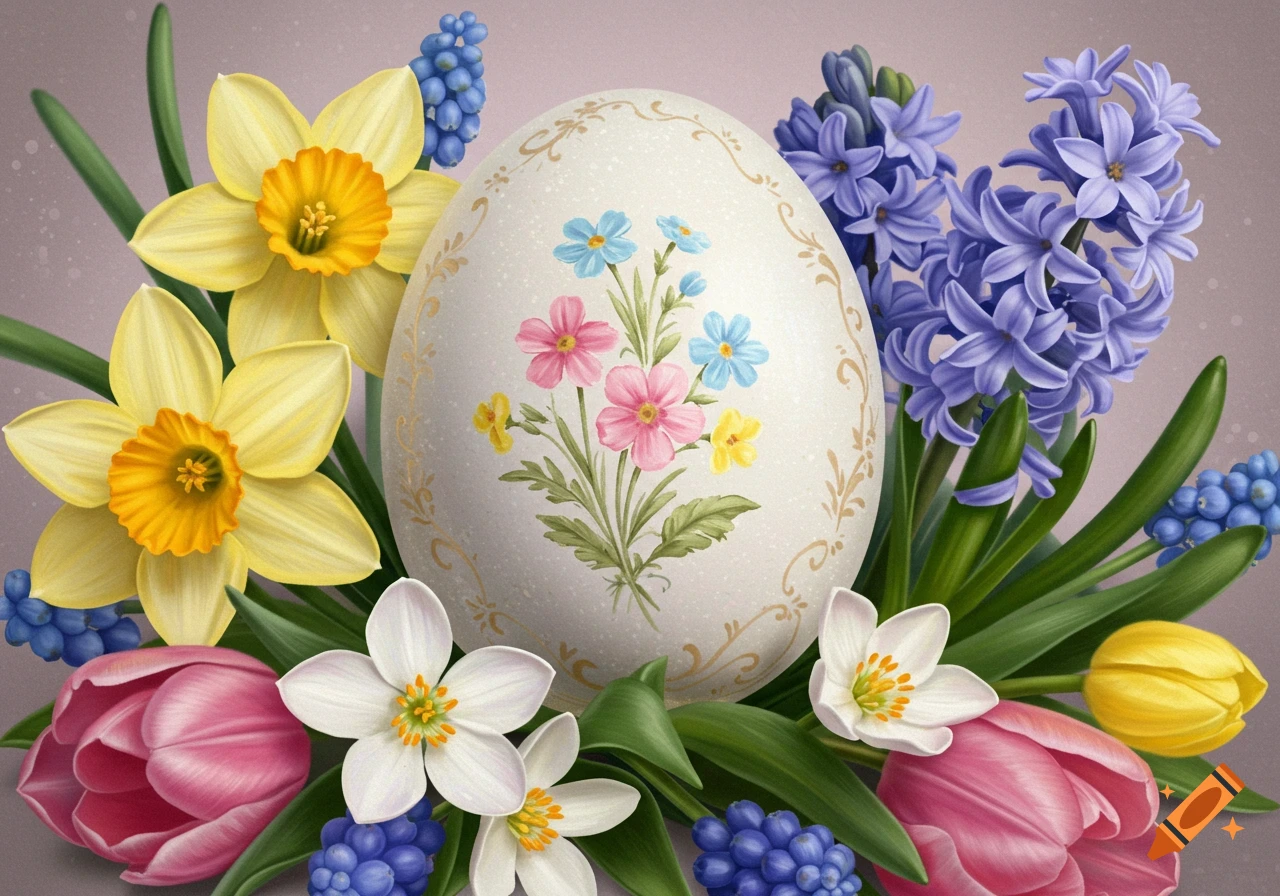 An ornate Easter egg surrounded by vibrant spring flowers like daffodils, tulips, hyacinths, and white blossoms.