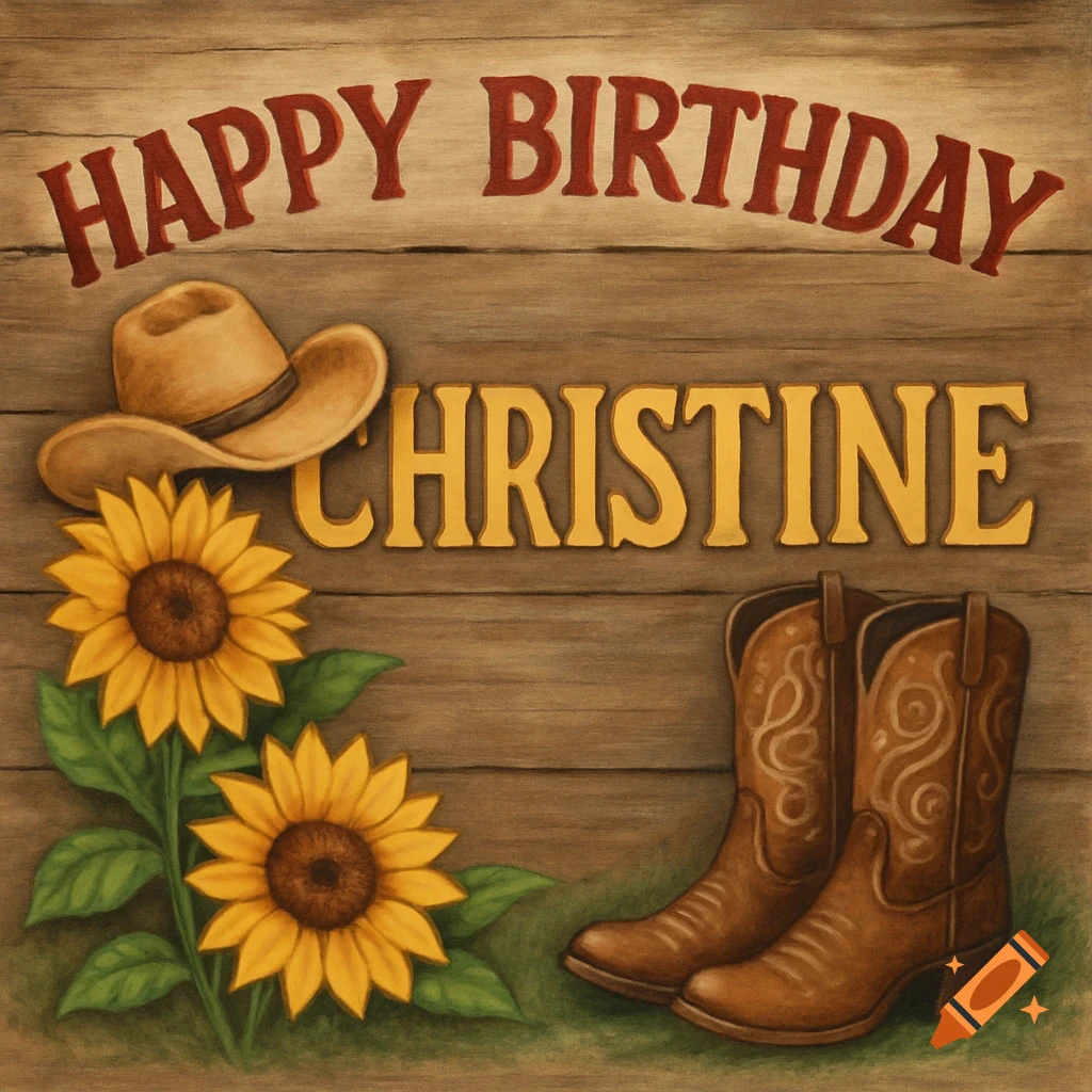 A country-style illustration with cowboy hat, sunflowers, boots, and text 'HAPPY BIRTHDAY CHRISTINE'.