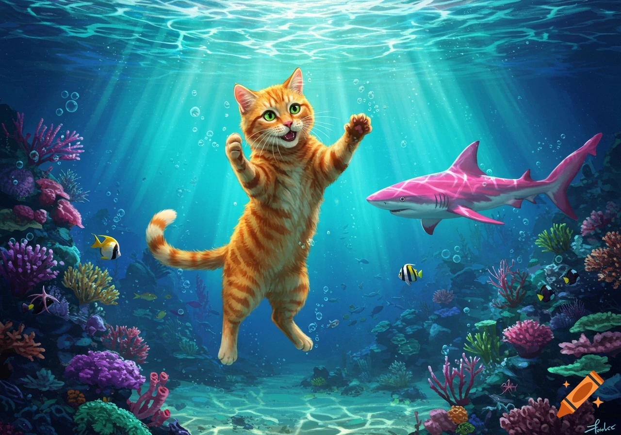 An orange cartoon cat dances underwater with a pink shark, surrounded by coral and fish.